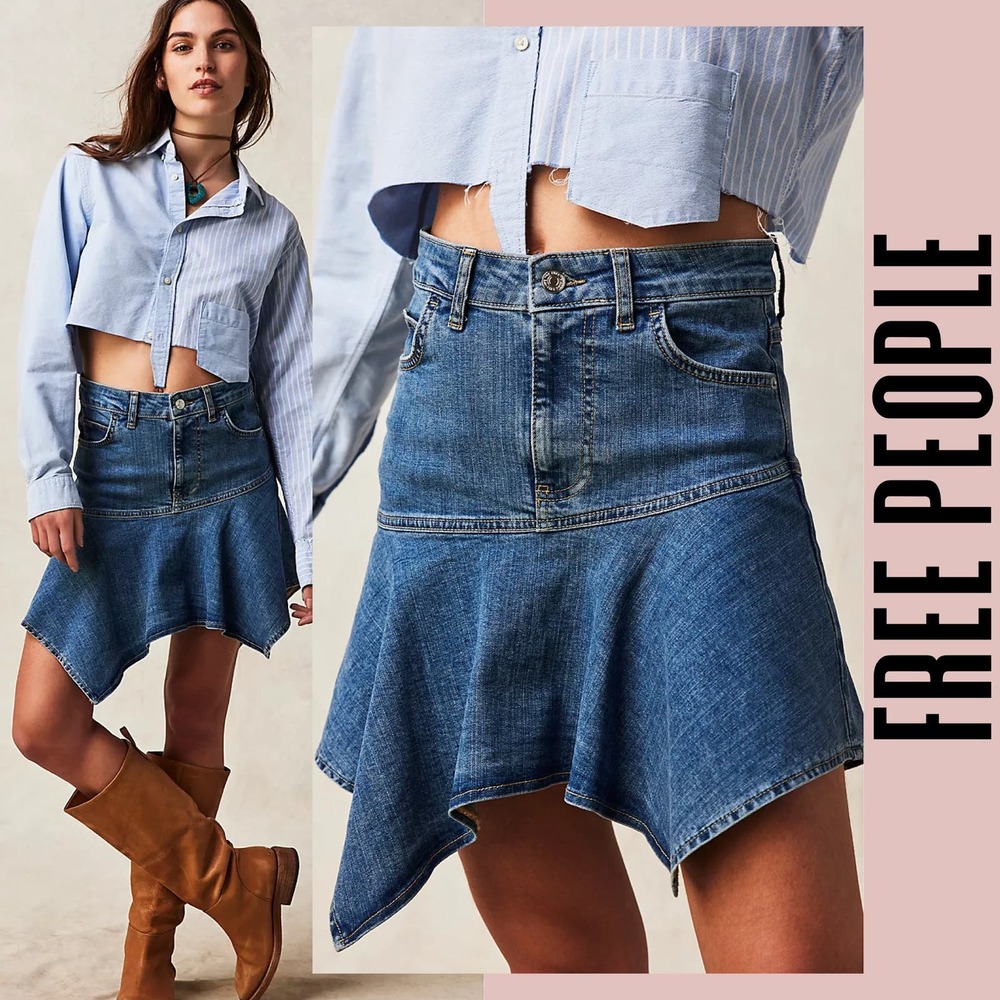 Free People skirt mini 4 asymmetrical jean cotton alara midi skirt denim